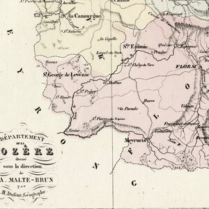 Ancienne carte de la Lozère, France - avec médaillon de Mende - coloriée à la main - carte vintage française des années 1800