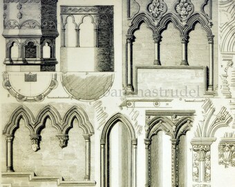 1845 Rare Large English Antique Engraving of British Architectural Gems. Arches, Seats, Niches and Monuments. Plate 77