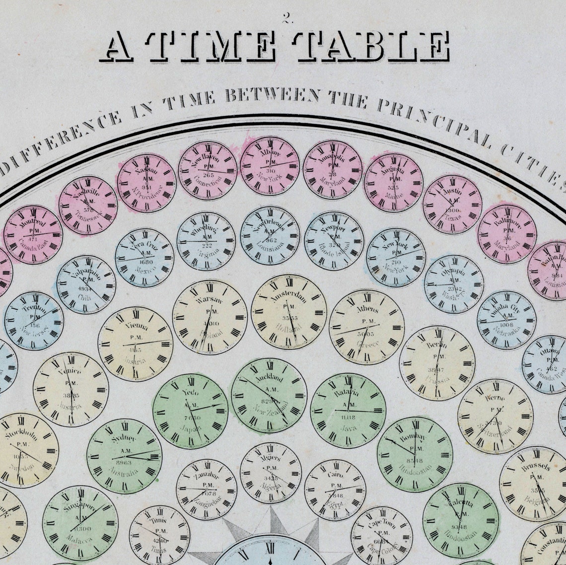 1867 Antique Print - A Time Table - Time Differences Between Principal ...
