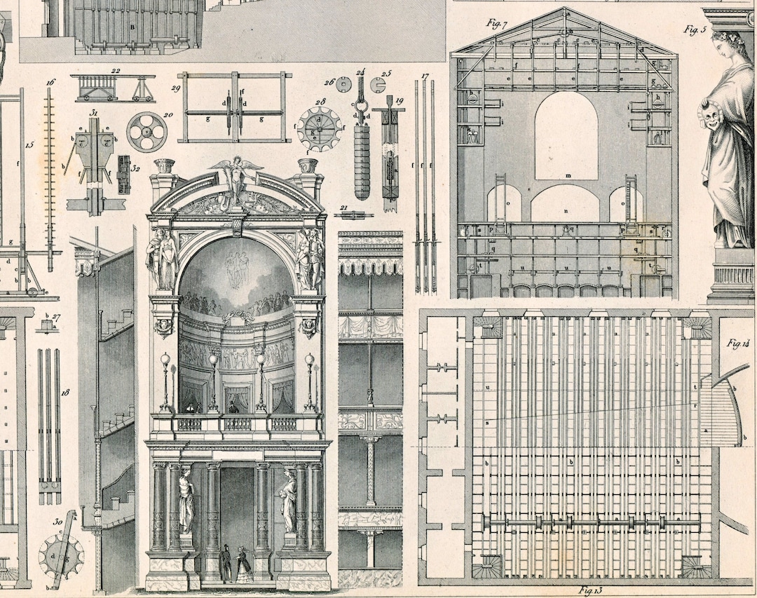 1852 Antique Print of Theatre Design and Construction (1) - Theatrical ...