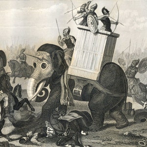 Gravure ancienne de 1852 sur des éléphants de guerre et des chars - Planche 5