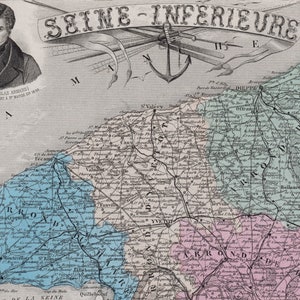 Carte ancienne illustrée de 1883 de la Seine-inférieure (Seine-Maritime), France - Rouen - Le Havre - Dieppe - Neufchâtel - Coloriée à la main