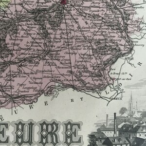 1883 Antike Karte von Eure, Frankreich - Handgefärbt - Vintage illustrierte Karte - Wohnkultur