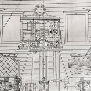 Könnte beinhalten: Eine Schwarzweiß-Zeichnung des Innenraums eines Eisenbahnwagens. Die Zeichnung zeigt die mechanischen Funktionsweisen des Eisenbahnwagens, einschließlich der Sitze, der Fenster und des Motors. Die Zeichnung ist detailliert und kompliziert.
