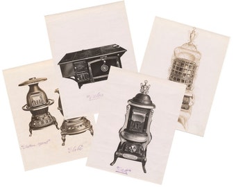 Antique Sepia Photographs of Old Fireside Stoves - Set of Four (4) Late 1800s to early 1900s Print from Gurney-Oxford Foundry Co.
