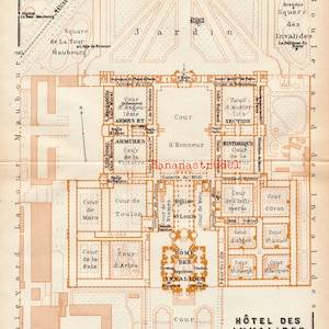 Plan ancien de l'Hôtel des Invalides, Paris, France - Publié en 1937