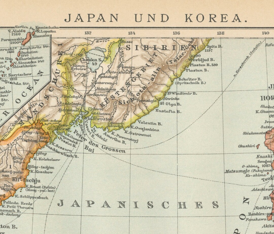 1894年製、ドイツ製の日本と韓国の古地図。台湾、琉球諸島南部、千島