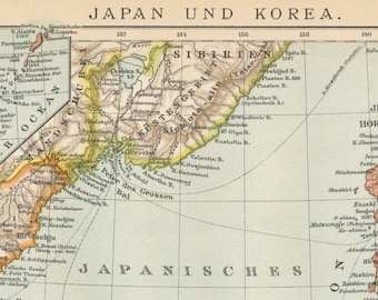 1894年製、ドイツ製の日本と韓国の古地図。台湾、琉球諸島南部、千島