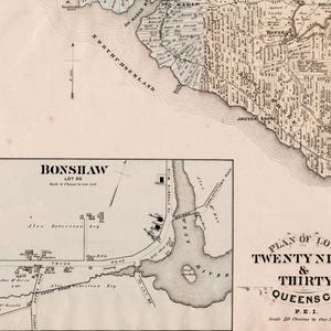 1880 Große seltene antike Karte mit den Lots 29 und 30, Prince Edward Island - Queens County - Bonshaw, - Vintage PEI-Karte - handgefärbt