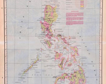 May include: A vintage forest map of the Philippines, showing the different types of forest cover. The map is color-coded, with yellow representing commercial forest, pink representing dipterocarp forest, and light yellow representing open land. The map also includes the names of various islands and bodies of water.
