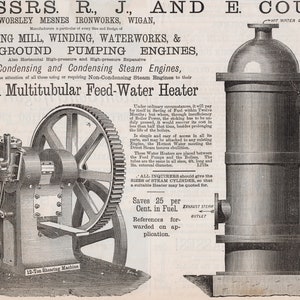 May include: A black and white illustration of a vertical multitubular feed-water heater. The heater is a tall, cylindrical structure with multiple pipes running vertically. The text "Saves 25 per Cent. in Fuel" is printed below the image.