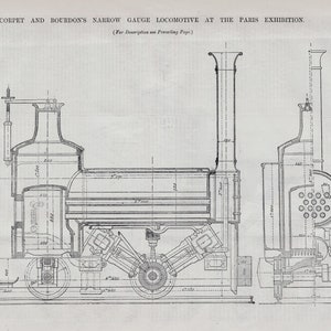 May include: A detailed line drawing of a narrow gauge locomotive, showing the engine's internal components and dimensions. The drawing is labeled "Corpet and Bourdon's Narrow Gauge Locomotive at the Paris Exhibition".