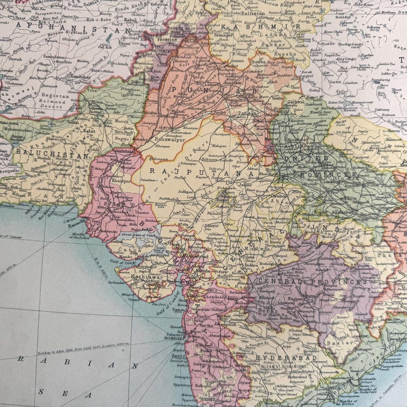 India Map Rajputana Large Antique Map of India and Farther India - Southeast Asia - From ...