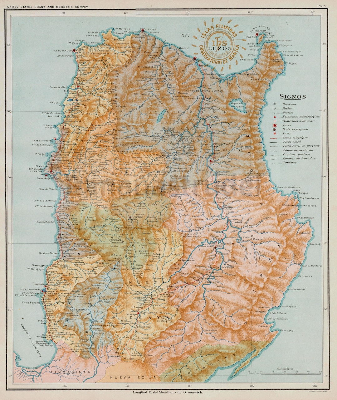 1900 年フィリピン ルソン島北部の珍しいアンティーク地図 - イロコス