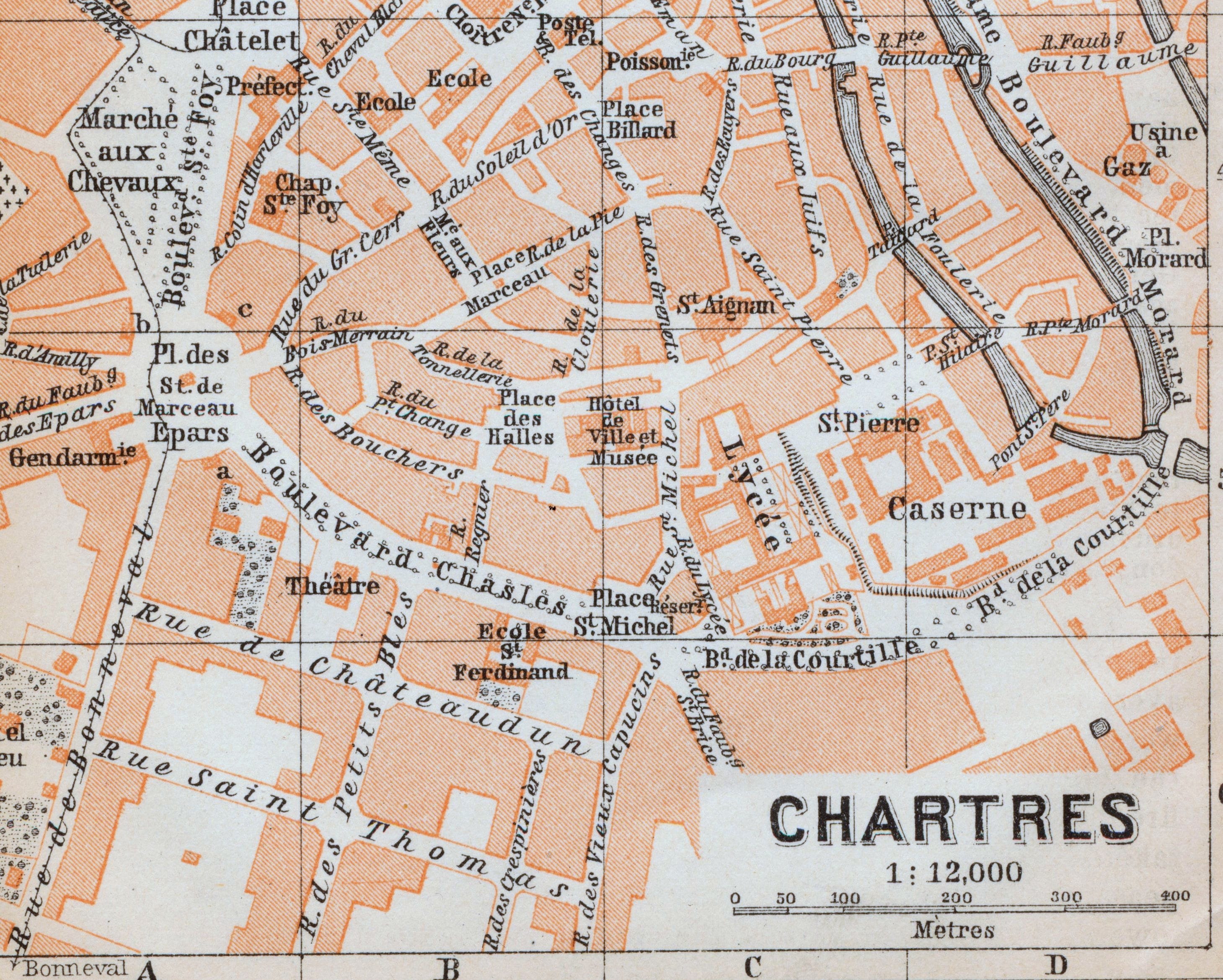 フランス、シャルトルのアンティーク地図 - 1905 年の
