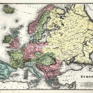 Ancienne carte de l'Europe de 1880 - coloriée à la main - Rare grande carte