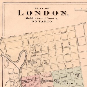 Rare carte antique de 1875 de Londres, Ontario, Canada - plan des rues de Londres coloré à la main vintage