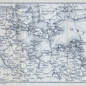 1911 Antike Karte der Ostsee und Umgebung – Dänemark – Lolland – Bornholm – Falster – Rügen – Fehmarn – Lübeck – Kopenhagen – Langeland