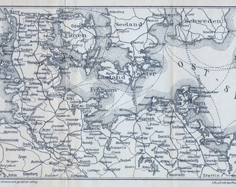 1911 Antique Map of the Baltic Sea and Environs - Denmark - Lolland - Bornholm - Falster - Rügen - Fehmarn - Lübeck - Copenhagen - Langeland