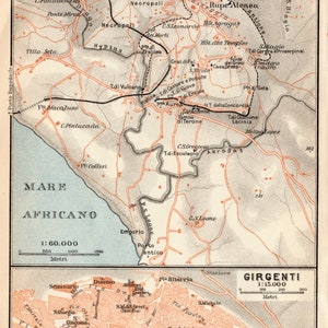 Antike Karte von Girgenti (Agrigento), Italien - Publiziert 1883