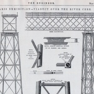 Antique Print of the Viaduct over the River Cere  - Paris Exhibition - 1867 Victoria-era Engineering Drawing - May 3, 1867
