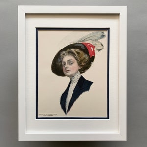1908 Antique First Edition Lithograph of American Sweethearts  by Clarence F. Underwood - Lady in Blue - Double-Matted 11x14