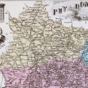 1883 Vintage Karte des Puy-de-Dome, Frankreich - Clermont-Ferrand - Handkoloriert