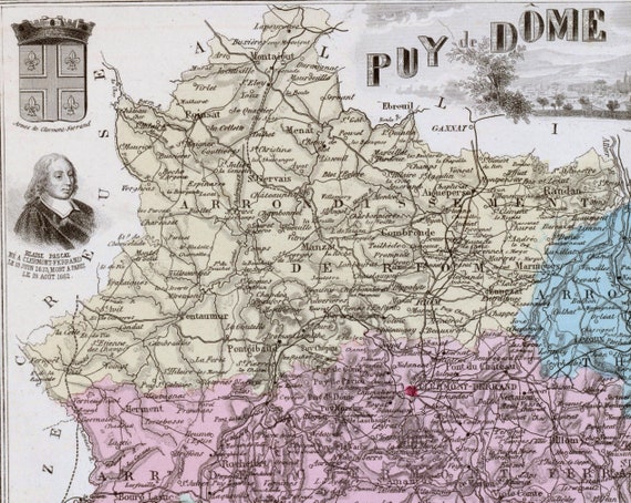 額装品　西洋古地図　1664年　J.ブラウ　ウェールズ・モンゴメリー州 1883年版 フランス、ピュイ＝ド＝ドーム県のヴィンテージ地図