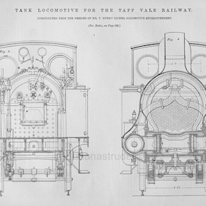 May include: A detailed technical drawing of a tank locomotive for the Taff Vale Railway. The drawing shows the front and side views of the locomotive, including the boiler, wheels, and other components. The drawing is labelled with the title "Tank Locomotive for the Taff Vale Railway" and the date "March 13, 1885."