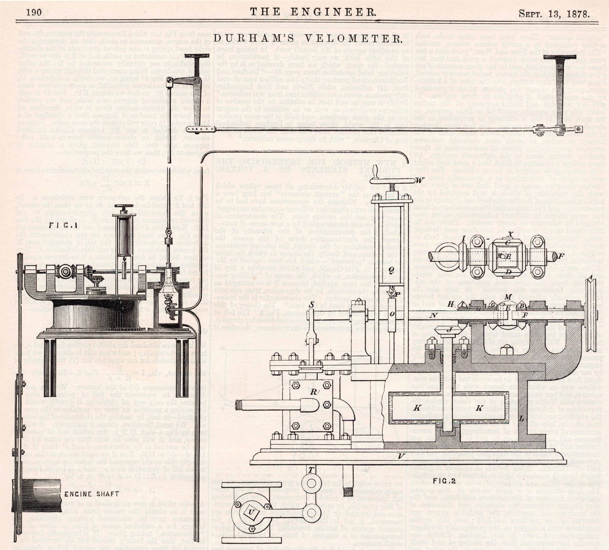 Antique Print of Durham's Velometer - September 13, 1878 Engineering Illustration