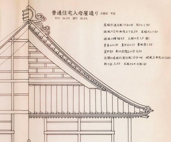 Large Japanese Architectural Print on Parchment Paper From 1977