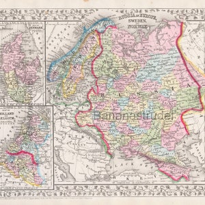 1867 Antique Rare Coloré À La Main Suède/Danemark/Norvège/Russie/Hollande/Belgique Mitchell Carte Carte Cadeau Unique Décoration d'intérieur