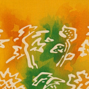 May include: Abstract watercolor painting with a yellow, orange, and green background. The painting features white stylized floral designs.