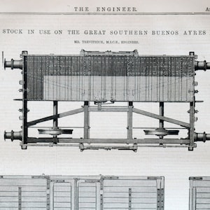 May include: A black and white illustration of a railway carriage with a detailed view of the undercarriage and wheels. The carriage is labeled "Rolling Stock in Use on the Great Southern Buenos Ayres Railway, Mr. Trevithick, M.I.C.E., Engineer."