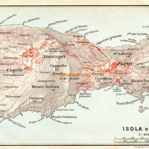 May include: Antique map of the Isle of Capri, Italy, with detailed geographical features. The map is in sepia tones, with red highlighting towns and roads. Includes text in Italian and a scale in meters and English feet.