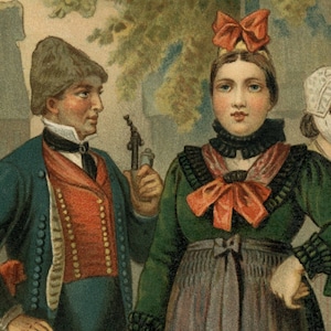 Peut inclure: Une peinture représentant trois personnes en costumes traditionnels. Un homme en veste verte et chapeau brun tient une pipe. Une femme en robe verte avec un nœud rouge se tient à côté de lui. Une femme en robe blanche avec un bonnet blanc se tient derrière eux.
