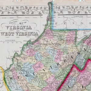 Carte ancienne de la Virginie et de la Virginie-Occidentale colorée à la main par Mitchell, 1867