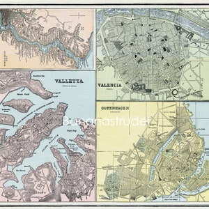 1888 Antique Map of Cities - Copenhagen - Valletta - Valencia - the Bosphorus