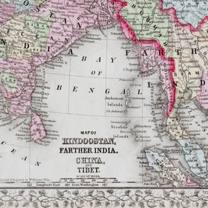 Ancienne carte Mitchell coloriée à la main de 1867 représentant l'Inde, l'Inde lointaine, la Chine et le Tibet