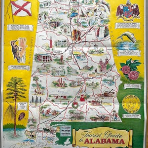 1962 Guide touristique de l'Alabama - Grande carte vintage illustrée de l'Alabama