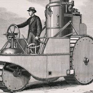 1870 Antique Engraving of a Road Steamer - Steam-powered Vehicles