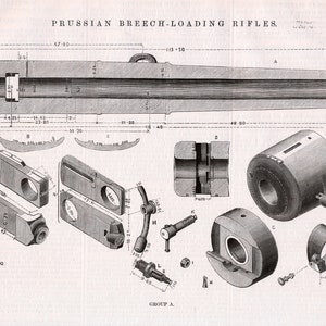 May include: A detailed diagram of a Prussian breech-loading rifle, showing the various parts and their dimensions. The diagram includes the barrel, breech block, and other components. The text "GROUP A." is visible at the bottom of the diagram.