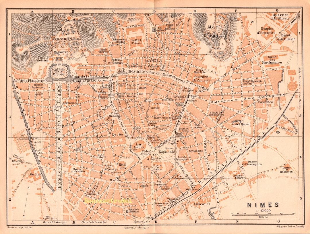 フランスアンティーク　MAP Antique Map of Nimes, France - 1907 Map - Etsy