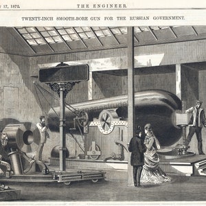 May include: An illustration from 1872 of a twenty-inch smooth-bore gun for the Russian government. The image shows the gun in a workshop with several people observing its construction. The text "THE ENGINEER" is at the top.