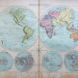 1912 Antique World Map - Hemispheres - North and South Poles