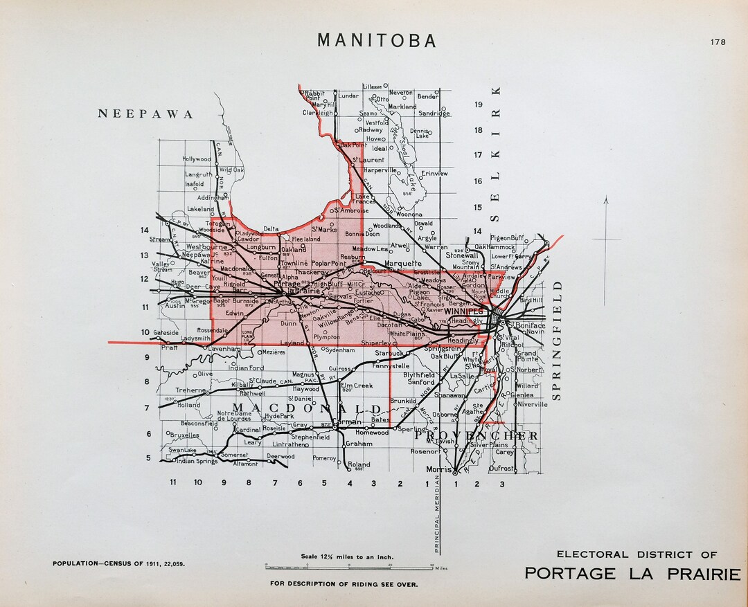 1915 Antique Map of Portage La Prairie, Manitoba, Canada Vintage Electoral Map It's Where You