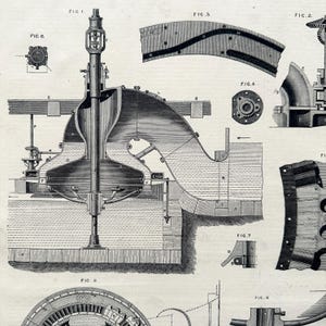 May include: Detailed black and white illustration of a mechanical device, likely from an engineering textbook. The image features cross-sectional views, diagrams, and labeled components, including a large central structure and various smaller parts.