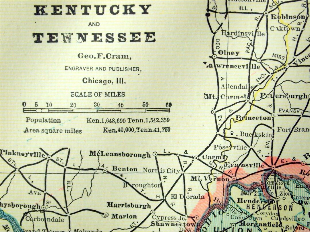 1888 Antique Map of Kentucky and Tennessee Etsy