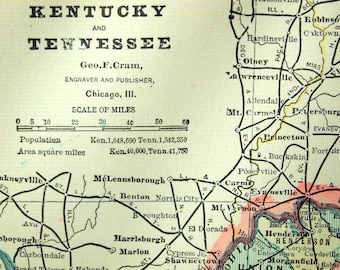 1888 Antique Map of Kentucky and Tennessee