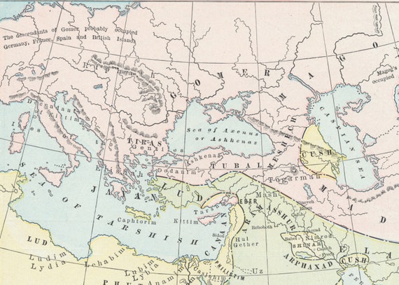 アンティーク聖書地図 - 大洪水後の国々の分布 - カナンの子孫の